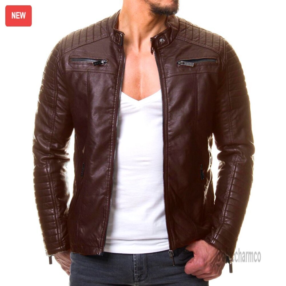 Men's Lambskin Leather Biker Jacket Vintage Motorcycle Style